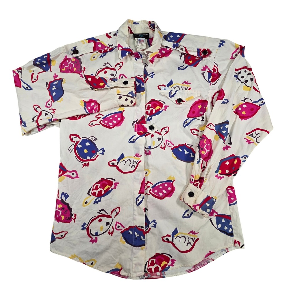 Vintage 90s Rocky Mountain Western Shirt Womens Small USA Made Turtle Print AOP - Picture 2 of 12